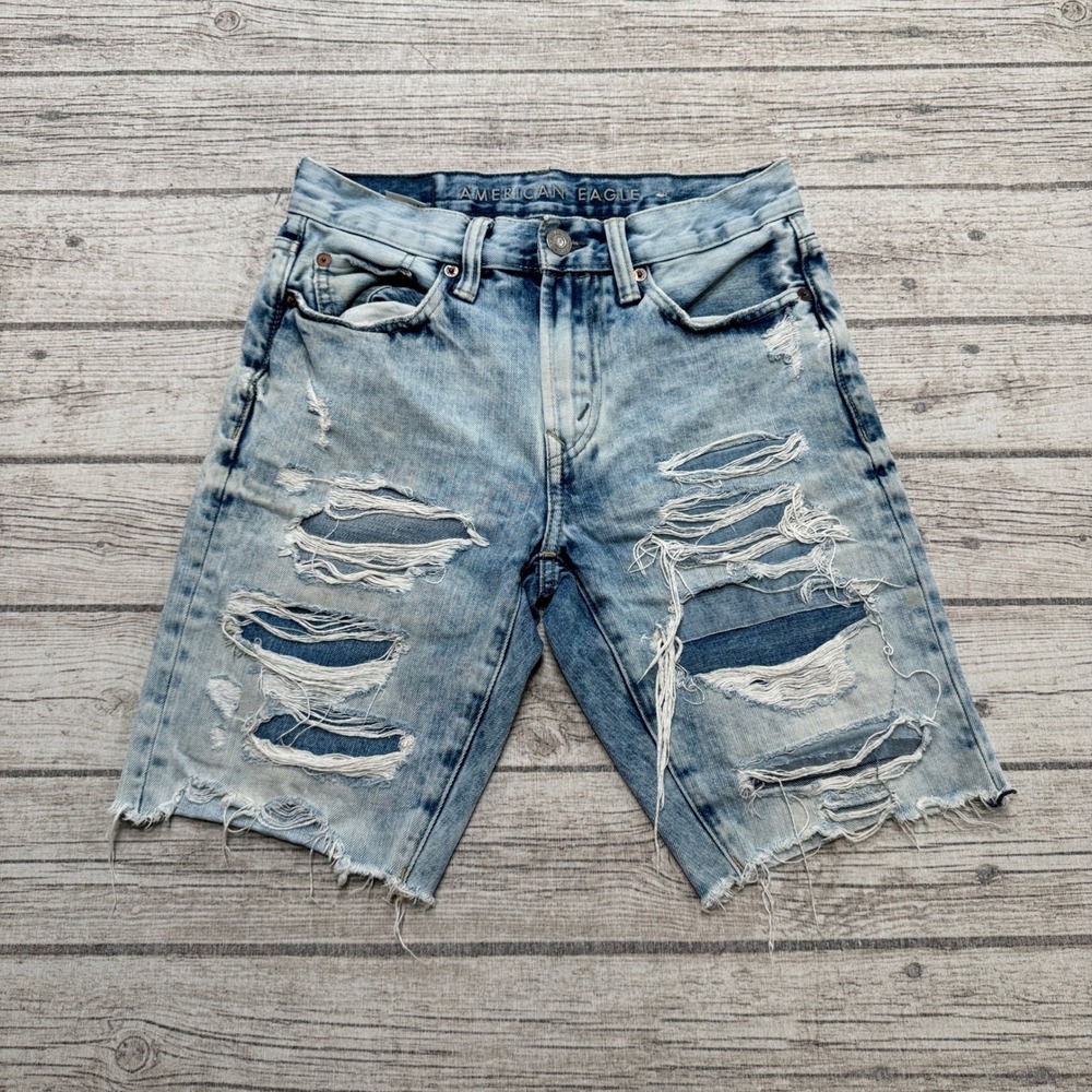 American Eagle Shorts Men's 26 Blue Light Acid Wash Denim Distressed Streetwear